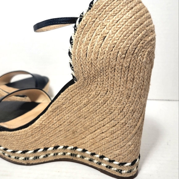 NWT SCHUTZ Black Leather Espadrille Wedges with Stripe Rope Piping - Picture 8 of 12